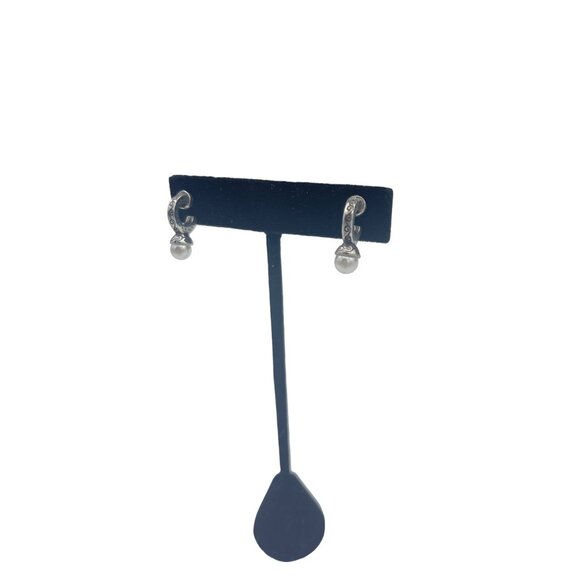 Silver Tone & Pearl Drop Earrings Scroll Design Classic Dainty - Picture 2 of 7